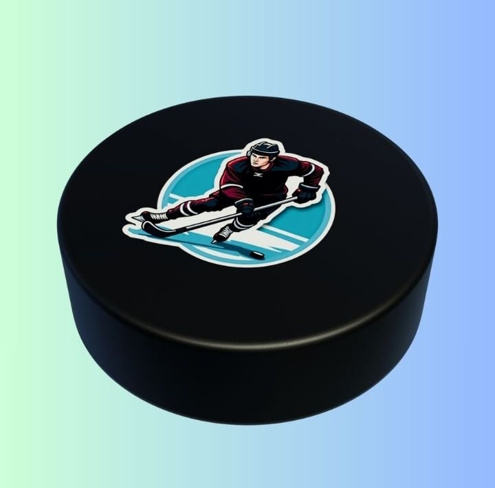 Energetic hockey sticker with cartoon NHL player shooting puck, bold sports design for POD.