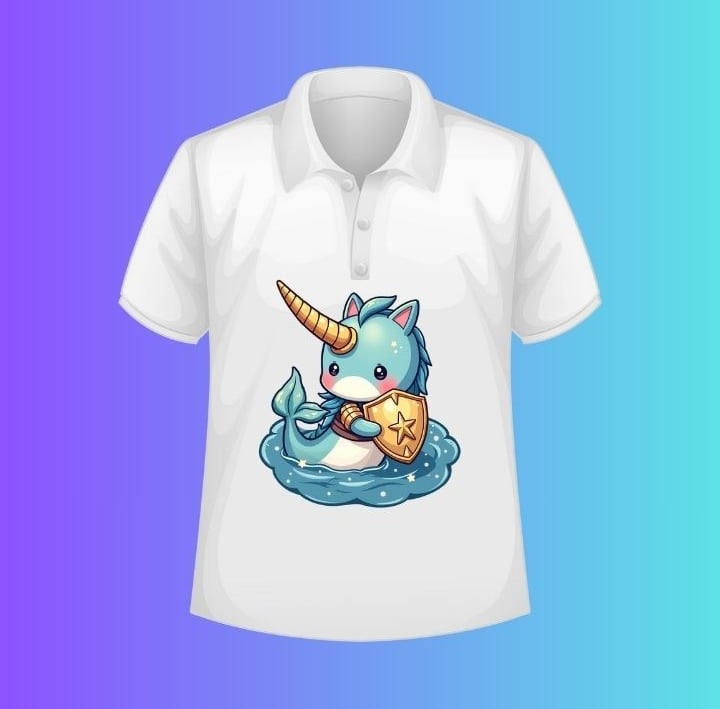 Kawaii narwhal knight with golden horn and starfish armor on T-shirt print for POD.
