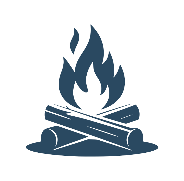 Minimalist campfire with crossed logs, bold outlines, clean vector illustration by Wyrlight.