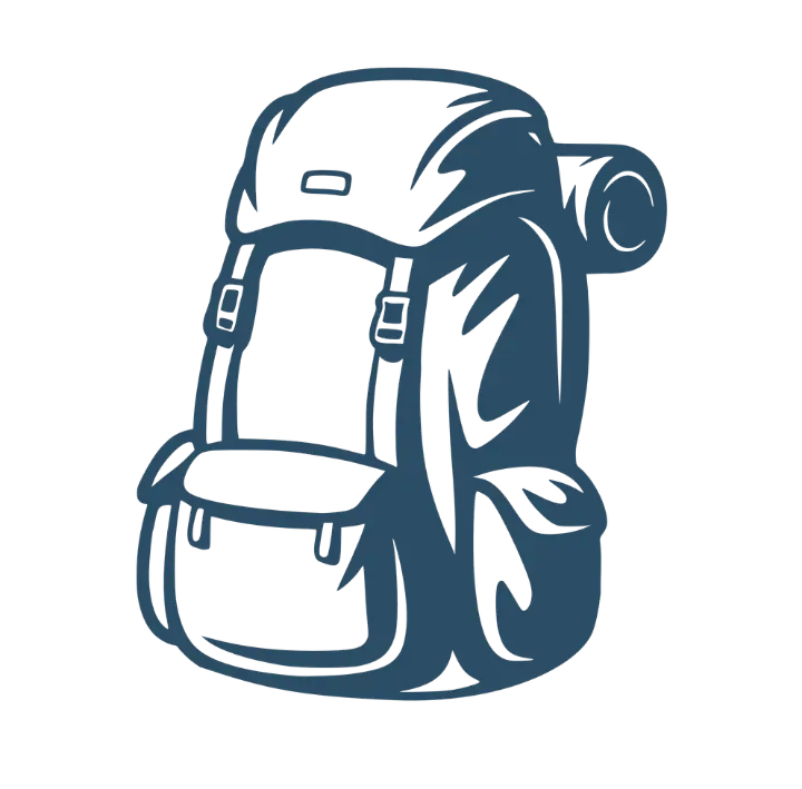 Minimalist hiking backpack with bold outlines and simple shapes, clean Nordic vector illustration.
