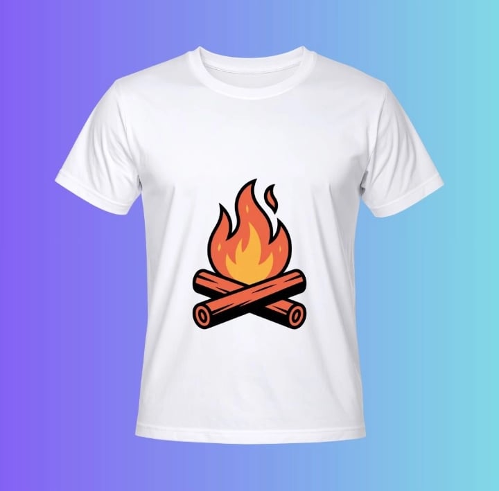 Retro campfire with crossed logs, minimalist T-shirt vector design by Wyrlight.