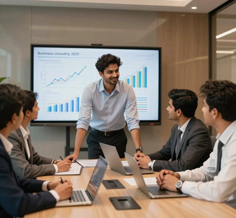A focused team meeting with charts and reports spread across the table.