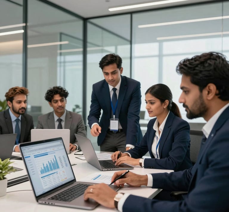 Young finance professionals collaborating over laptops in a bright, modern office space.