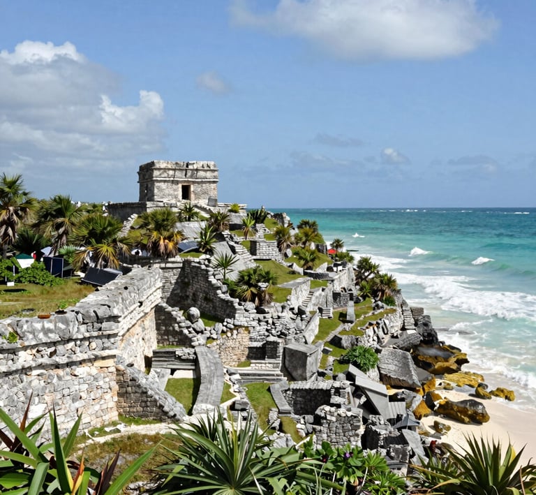 Close-up of intricate Mayan carvings on a temple wall at Tulum.