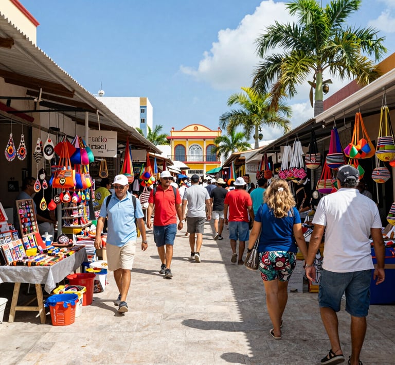 A lively local market in a Mayan community with colorful textiles and crafts.