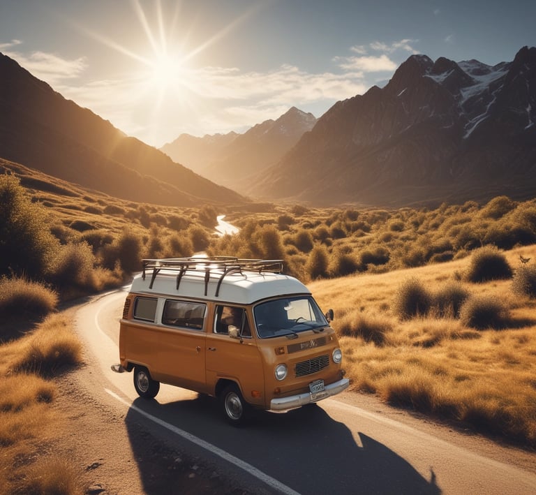 A cozy camper van parked on a snowy mountain slope with pine trees dusted in snow.