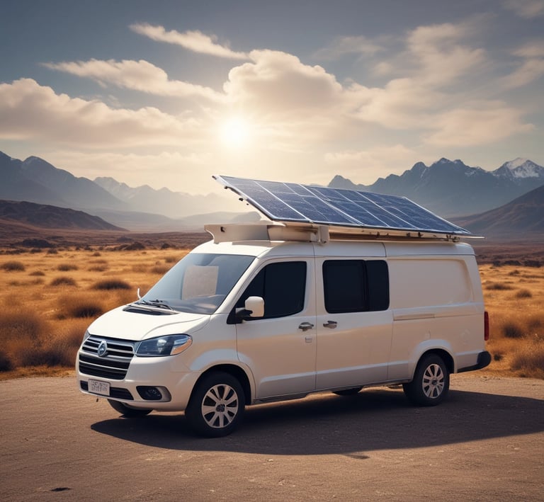 Interior view of a camper van with warm lighting and snow visible through the window.