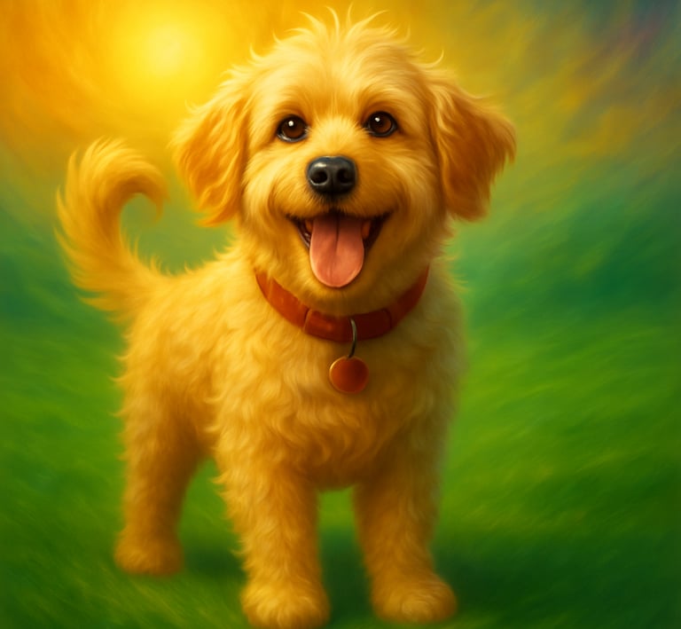 a dog is standing in the grass with a sun shining behind it