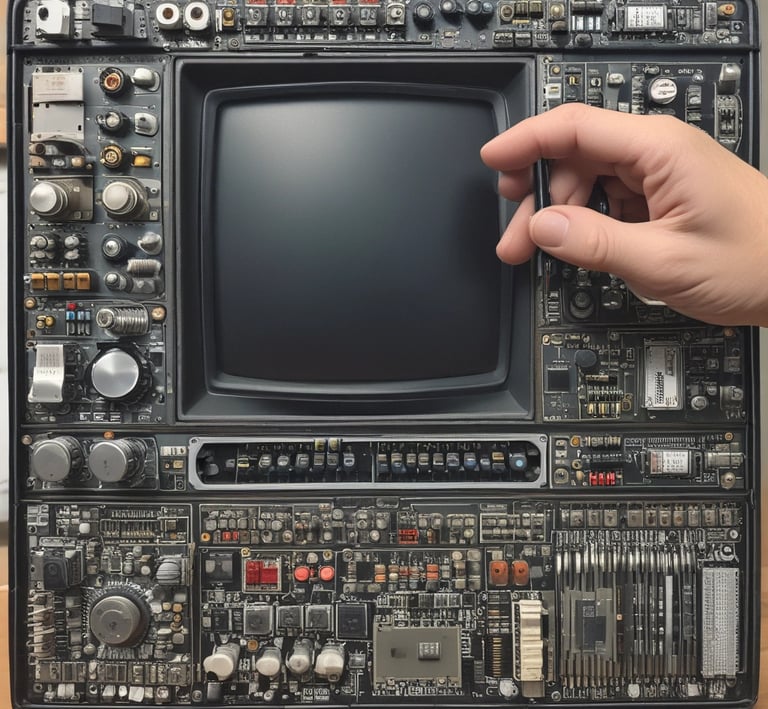 A disassembled laptop sits on a desk with its internal components exposed, including the motherboard and cooling system. Various other pieces, like the battery and outer casing, are also visible around the laptop. The workspace appears cluttered, and a stack of folders or papers can be seen in the background.