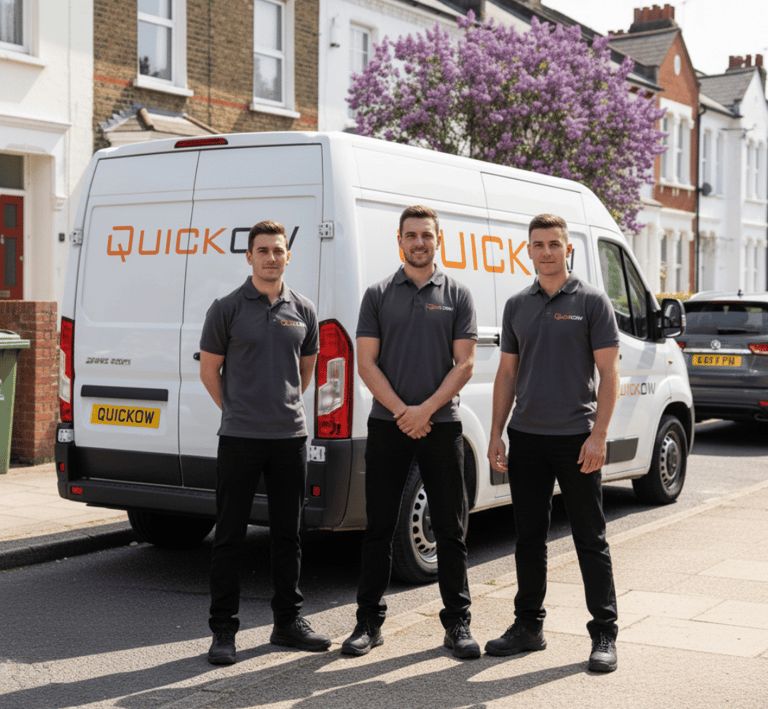 Quickow moving team posing in front of their branded removal van.