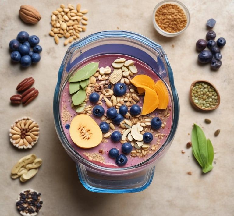 A person in a gray T-shirt is preparing a supplement drink in a modern kitchen. The individual is holding a container labeled 'Legion Pulse' next to a clear shaker bottle with some powder inside. The countertop is clean and smooth, and the background features dark cabinets and a tiled backsplash.