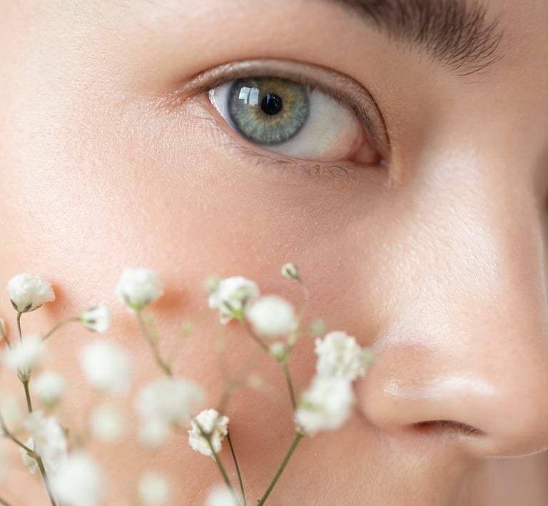 chica con flores en la cara y ojos azules
