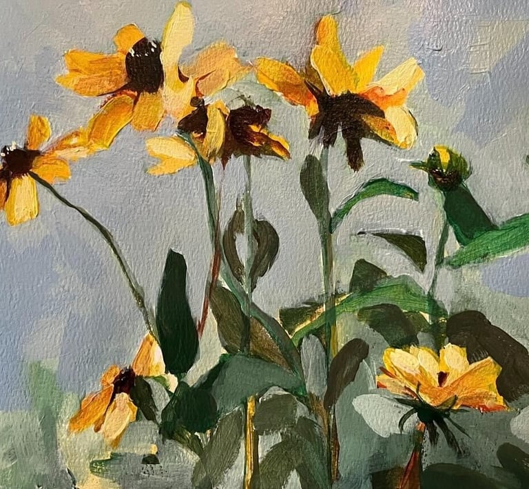 Study of Yellow Flowers on Blue in Acrylic
