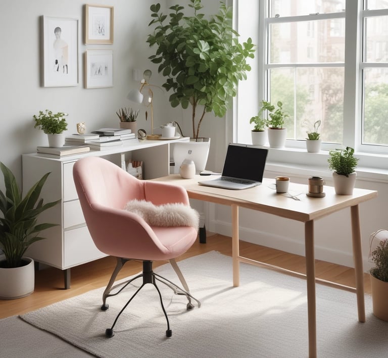 A serene home office setup with natural light and plants.