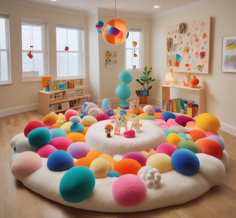 A collection of sensory-friendly toys arranged on a soft surface.