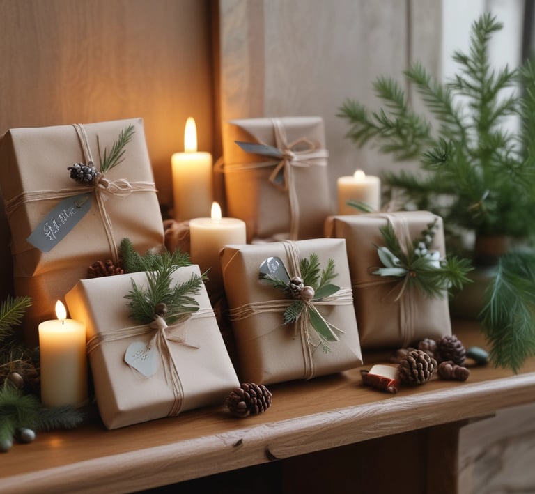A beautifully wrapped gift box surrounded by seasonal decorations.