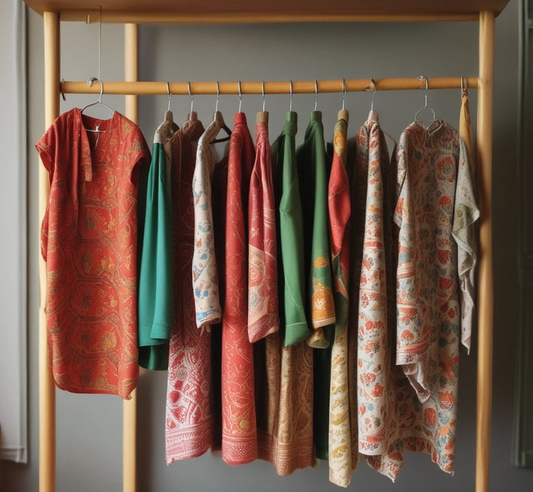 Rows of colorful, finished ethnic garments hanging on a rustic wooden rack.