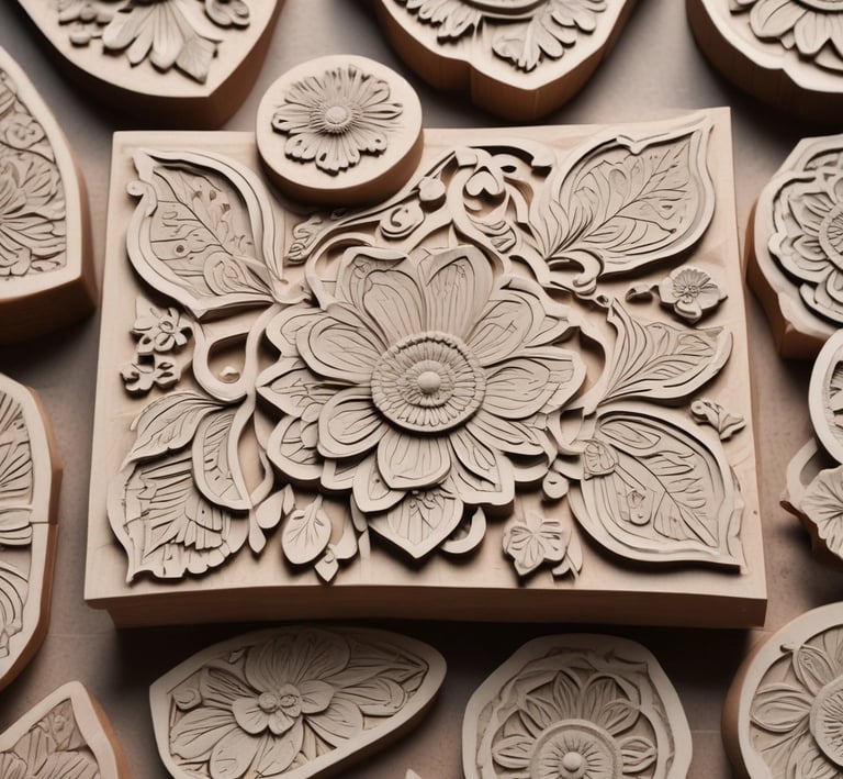 Close-up of a vibrant Sangener block print fabric with intricate floral patterns in earthy tones.