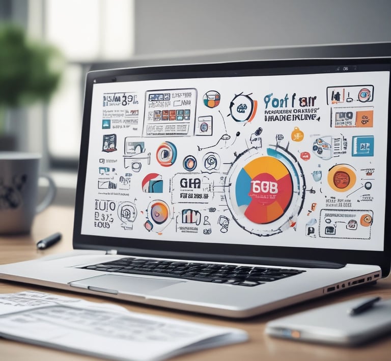 An abstract, pastel-colored, 3D-rendered representation of data analysis and search engine optimization (SEO). The image features a computer interface with various analytics symbols, including a magnifying glass, bar charts, pie charts, and a search bar with the text 'SEO'. Surrounding the interface are different objects such as a potted plant, a cup with a saucer, and a megaphone, all placed on a light green background.
