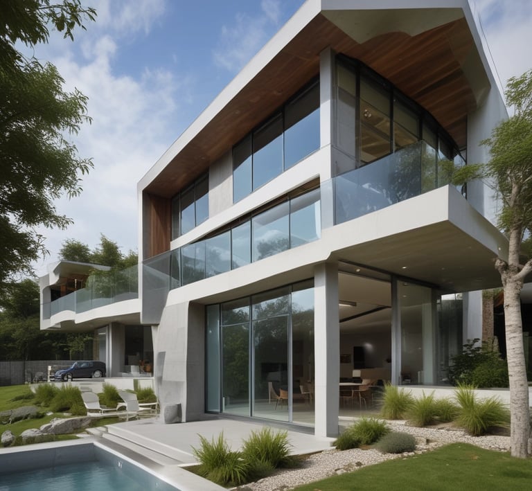 A suburban house with a brick facade and double garage doors. The roof is dark, and there are several bare trees and green bushes surrounding the property. A for sale sign is visible on the front lawn.