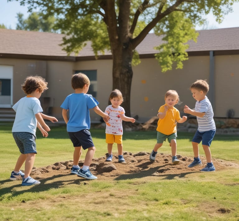 A large group of students in uniform stands in a circular formation on a grassy clearing, surrounded by lush greenery and trees. In the background, there are rustic structures, including a thatched hut and a simple building with a corrugated metal roof. A playground swing set is visible on one side.