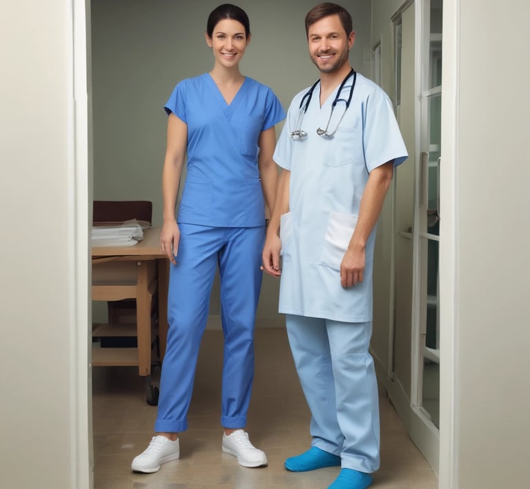 A nurse smiling while wearing stylish scrubs in a hospital setting.