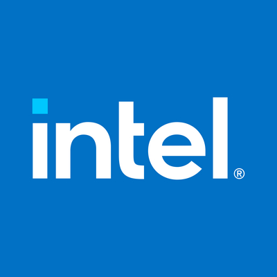 Official Intel logo in white text with a light blue dot on a solid blue background.