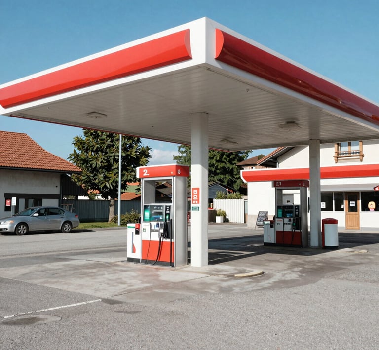A driver attentively watching a digital ad while refueling at a quiet station surrounded by regional shops.
