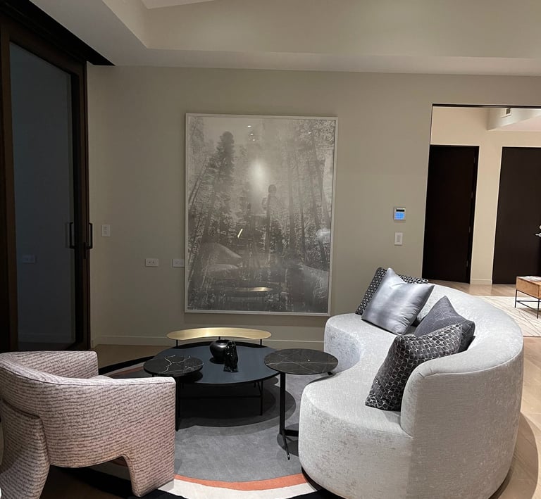 a living room with a couch and a table