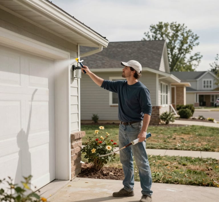 A man is painting on a wall, wearing a white shirt with red stripes and a hat. He is using a small brush on a piece of taped paper, creating an artwork that appears to depict a tree. The wall is beige and features architectural molding.