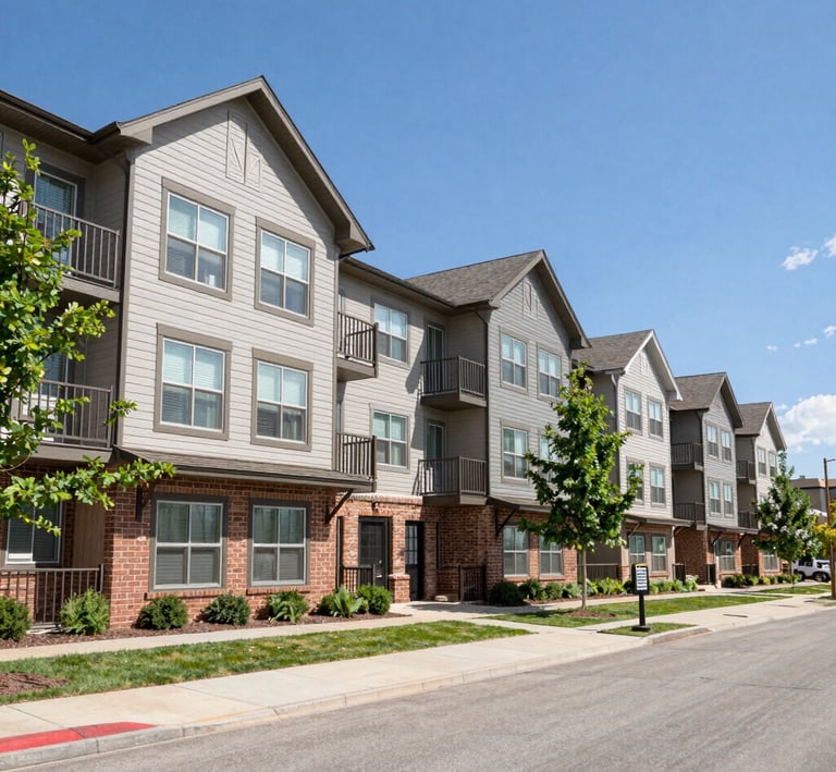 A residential street with three houses in the background, two of which are under construction or renovation. Two vans labeled 'Metal Roofing Seamless Siding' are parked on the side of the street, one orange and one blue. Several cyclists are riding past, wearing helmets and cycling gear.