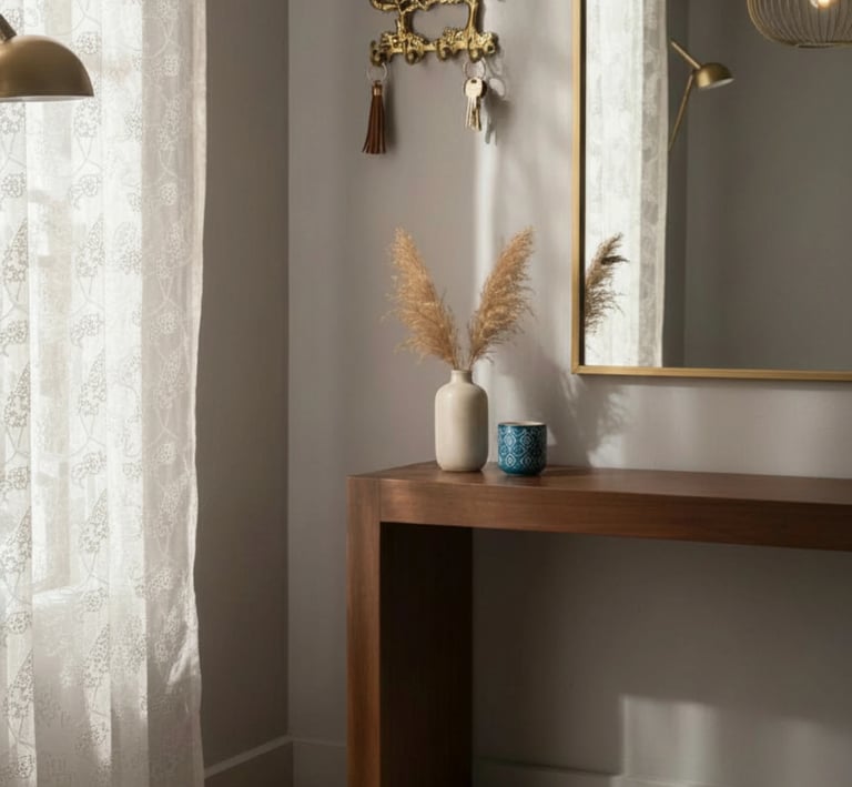 a table with a vase and a vase with flowers