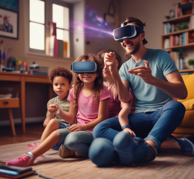 A vibrant virtual reality gaming arena filled with players.