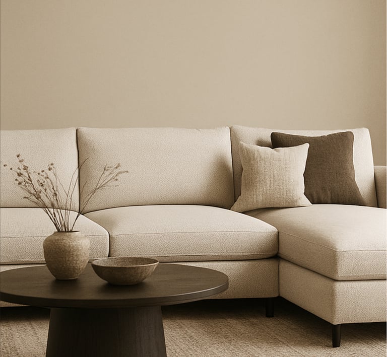 a couch with a vase with flowers in a living room