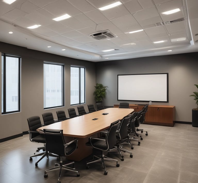 A modern office reception area with a polished floor and stylish wooden ceiling. The space features large windows offering a city view, contemporary seating arrangements, two reception desks with minimalist design, and a prominent accenture logo on an illuminated wall. There are also decorative elements such as potted plants and ambient lighting.