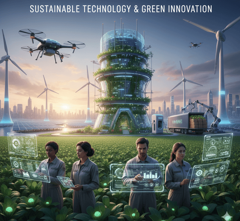 a group of people interacting with green sustainable technology