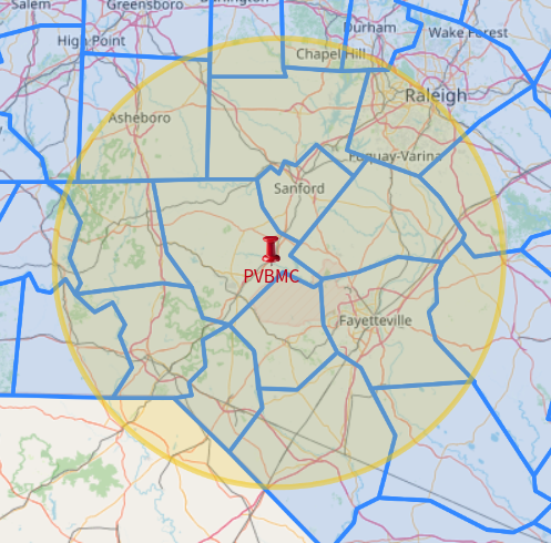 PVBMC service area goes 50 miles from Vass, NC