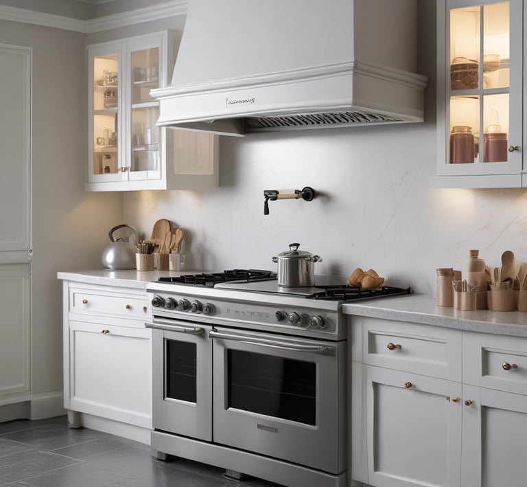 A collection of wooden kitchen utensils and cutting boards displayed in wicker baskets along with large clay pots and circular wooden boards. The items are arranged on top of large tins of cooking oil, next to stacks of folded towels. There is a rustic, organized feel to the setup.