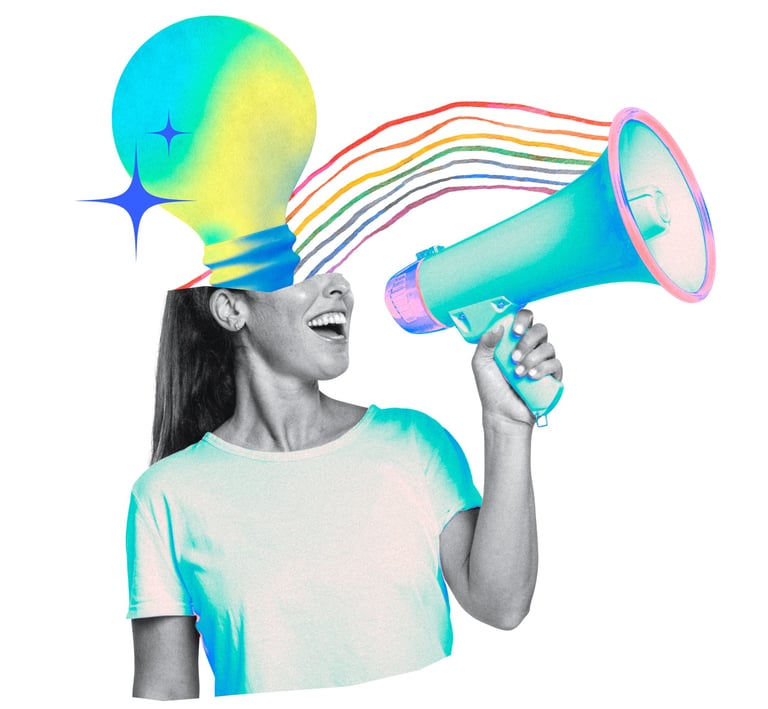 Abstraktes Bild von Frau mit Glühbirne und Megaphone