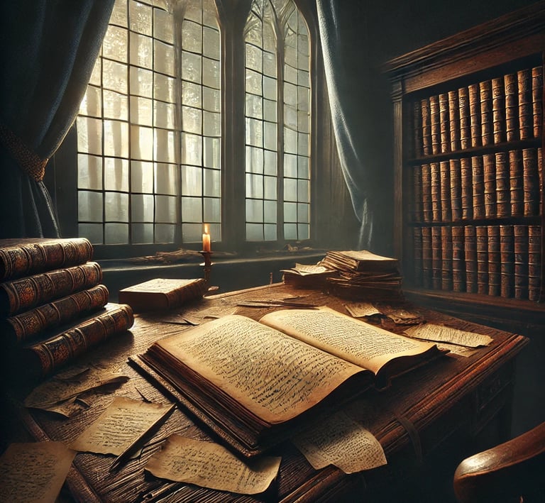 elegant dark academia library with a desk full of books