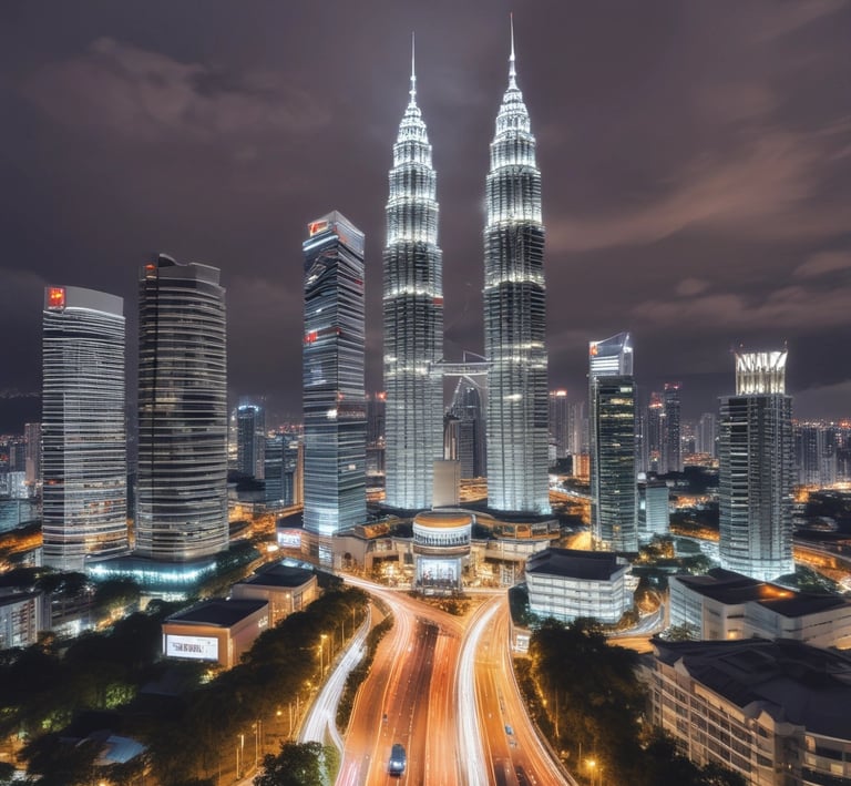 A cityscape featuring the iconic Malaysia KLCC Twin Towers illuminated at night.