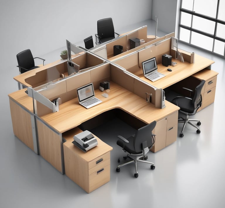 A modern office workspace featuring sleek desks and ergonomic chairs.