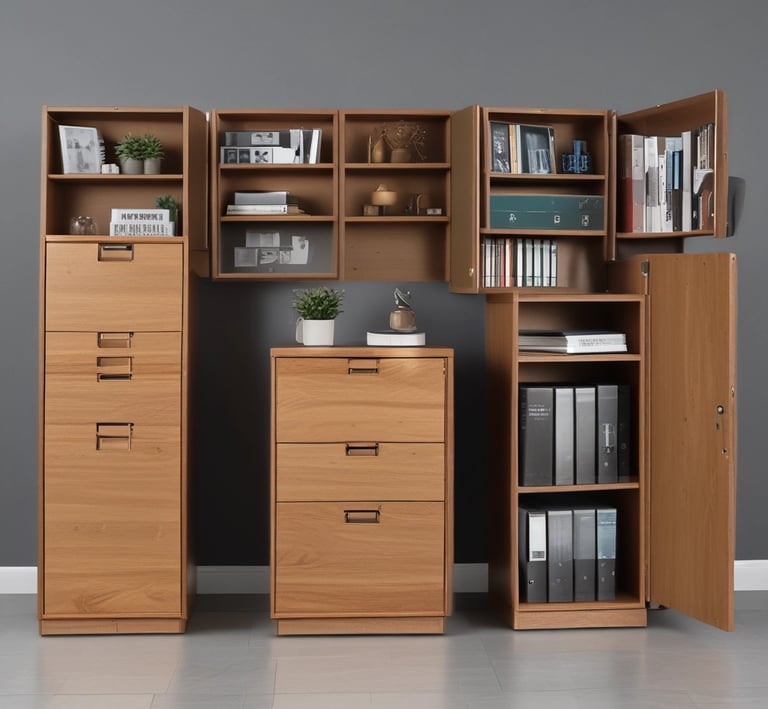 An organized storage solution showcasing cabinets and shelves.