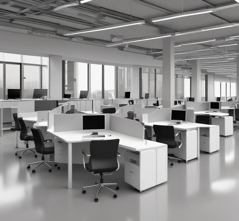 A collaborative workstation setup with multiple screens and seating.