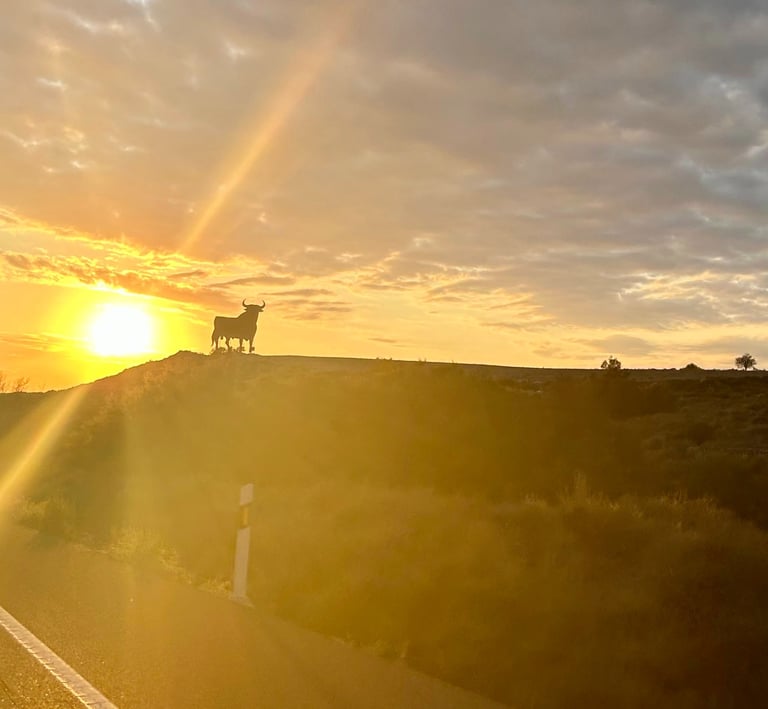 Silueta del toro de Osborne al atardecer sobre una colina junto a la carretera en España, con el sol