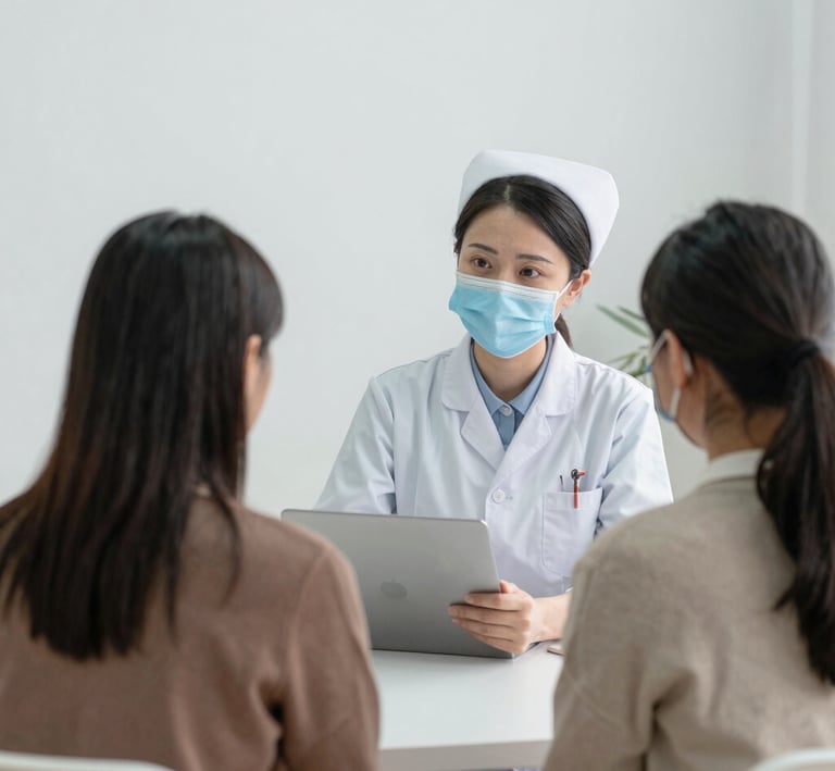 A group of allied health workers collaborating in a bright, modern healthcare facility.