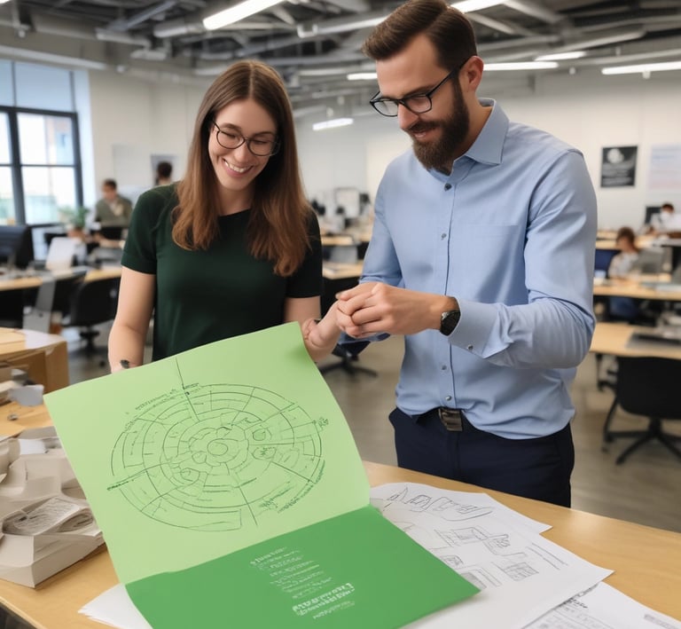 A workplace coach guiding a small group through circular economy principles with interactive materials.