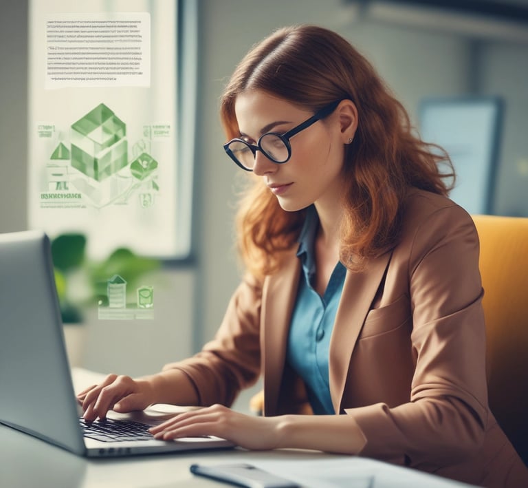 An adult learner deeply focused on self-directed study, surrounded by eco-friendly learning resources.