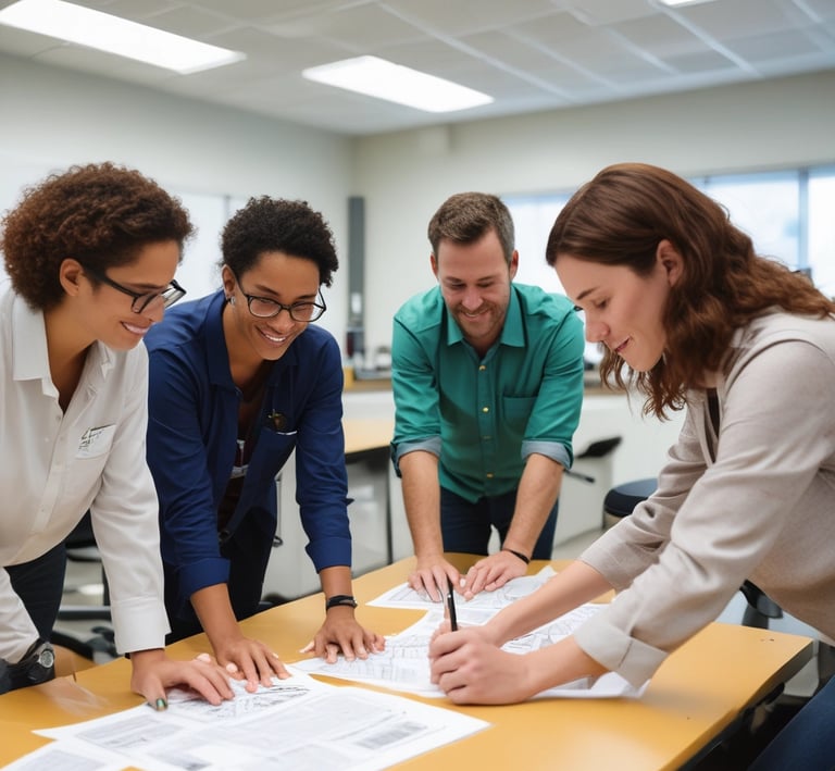 Adults collaborating in a bright training room, focused on hands-on environmental services tasks.