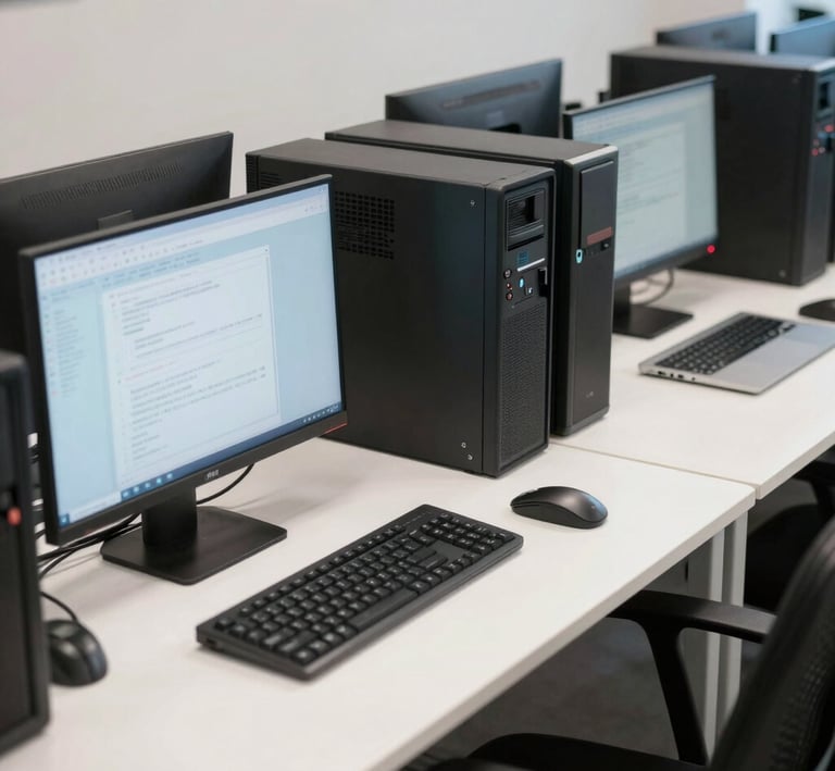 A sleek office workspace with multiple monitors displaying IT system dashboards.
